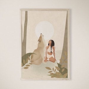 Spirit Guide Wolf, Krafttier, Vollmond-Print, Wolf-Totem, weibliche Kunst, spirituelle Kunst, Erdtöne, druckbare Wandkunst, sofort Download