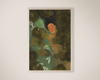 Koi Fish Lotus Woman Art Print, Serene Illustration (Instant Download)