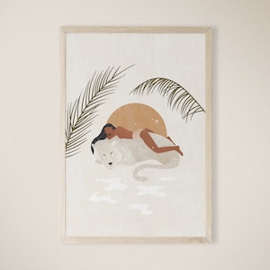 Minimalistische Frau Kunst, Boho Tiger Wandkunst, Weibliche Kunst, Frau, Pflanzen, Erdtöne, Terrakotta Druck, druckbare Wandkunst, Sofortiger Download