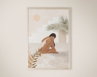 Terra Cotta Female Art Print, Tropical Boho Illustration (Instant Download)