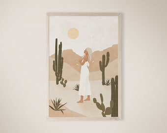 Cactus Desert Woman Art Print, Earth Tones, Minimalist Wall Decor (Instant Download)