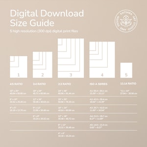 Puede incluir: Una gu&iacute;a de tallas para descargas digitales con varias relaciones de aspecto y series ISO. Las dimensiones se muestran en pulgadas y cent&iacute;metros, como 16" x 20" y 40,64 x 50,80 cm, para archivos de impresi&oacute;n digital de alta resoluci&oacute;n. El texto "Digital Download Size Guide" es visible.