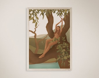 Woman in Tree Illustration, Forest Art Print (Digital Download)
