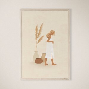 May include: A minimalist illustration of a person in a white dress standing in front of a vase with dried pampas grass. The background is a light beige color.