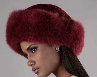 Lujoso sombrero de piel de alpaca para bebés Borgoña, sombrero de alpaca Ladies Premium, sombrero ruso, sombrero de mujer pelusa de alpaca, sombrero cosaco - Hecho a mano en Perú