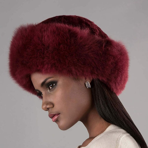 Luxurious Baby Alpaca fur hat Burgundy, Ladies Premium alpaca hat , russian hat, women hat alpaca fluff, cossack hat - Handmade in Peru