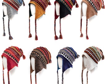 Gorro reversible de lana de alpaca con orejeras: suave gorro peruano de invierno hecho a mano para hombre y mujer. Diseño étnico bohemio andino.