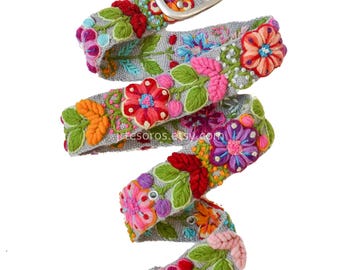 Floral Embroidered Belt — Peruvian Boho Wool Belt for Women, hand embroidered