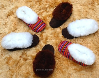 Alpaca fur slippers unisex all sizes, gift for her, fur slipper warm, soft leather shoes, alpaca slippers, handmade in Peru