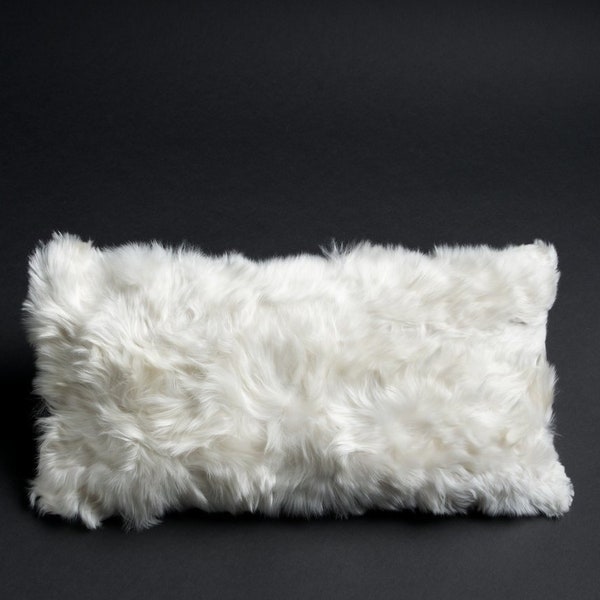 White Alpaca Lumbar Throw Pillow Cushion made from Natural Alpacaskin, Alpaca Fur Pillow, Fluffy Wool Pillow Cover, Handmade Pillow Case