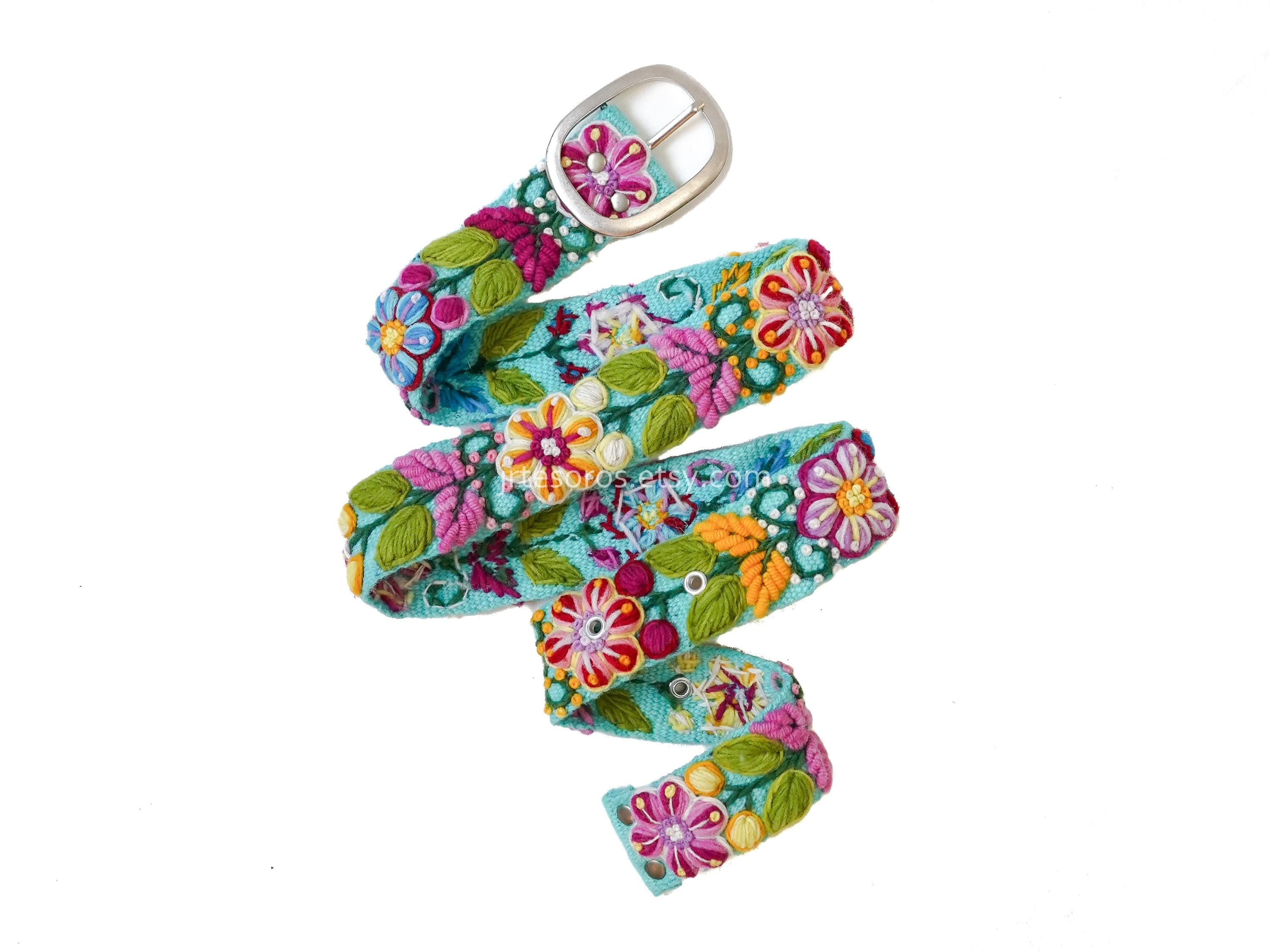 Vibrant Hand-Embroidered Floral Canvas Belt | Boho Artisan Style Tulips Wide Embroidered Belt – Artesana Love main image 4