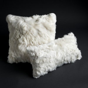 White Alpaca Lumbar Throw Pillow Cushion made from Natural Alpacaskin, Alpaca Fur Pillow, Fluffy Wool Pillow Cover, Handmade Pillow Case image 2