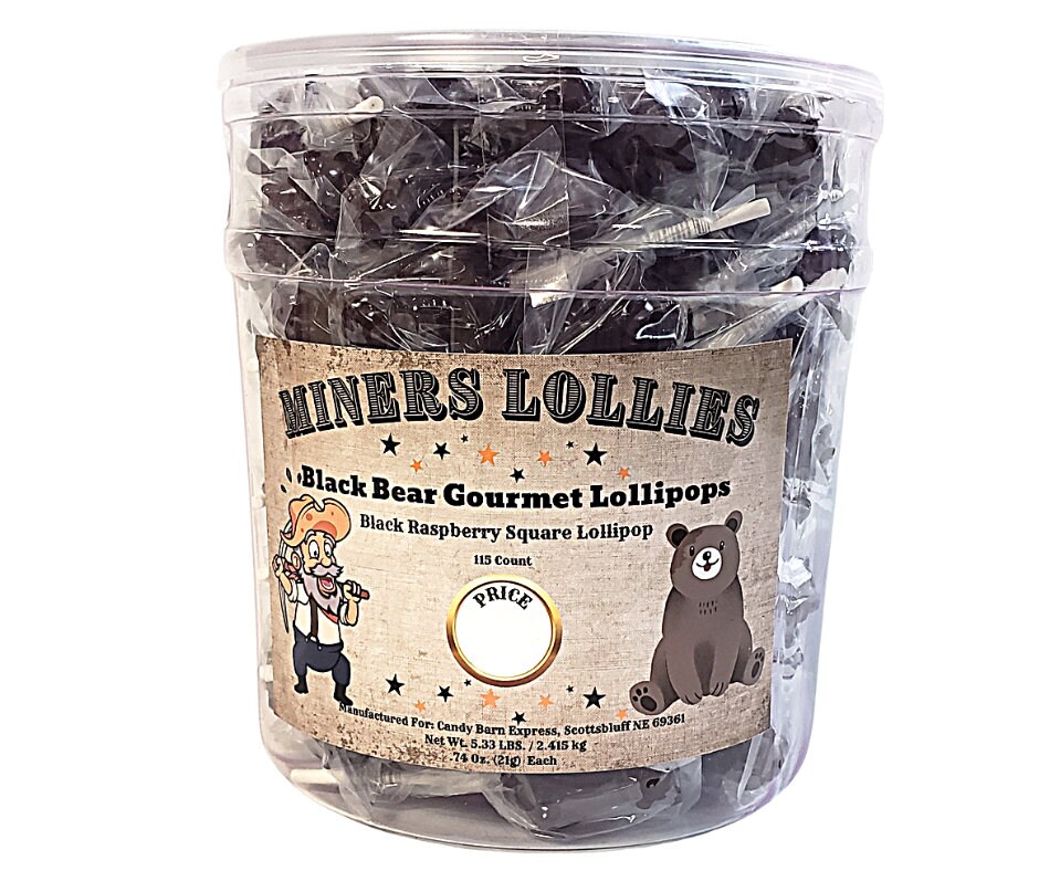 Miners Lollies Black Bear Lollipop - 115 Ct Jar - Black Raspberry Flavor
