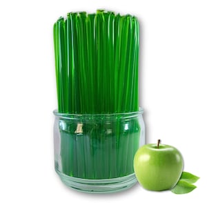 May include: A clear glass jar filled with green honey sticks. A green apple with leaves sits next to the jar. The honey sticks are a vibrant green color, and the apple has a shiny surface.
