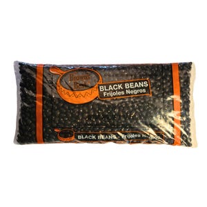 May include: A clear plastic bag filled with black beans. The bag has a black and orange label that reads "Brown's Best" and "Black Beans Frijoles Negros". The beans are a dark, shiny black color.