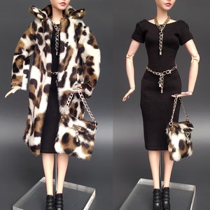 1/6 Maßstab Luxus Fox Leopard Pelz Mantel und Geldbörse, Langer Pelz Mantel, Tasche, Schwarzes Kleid, Silber Kette Halskette und Gürtel für 30 cm Normalgröße Puppe