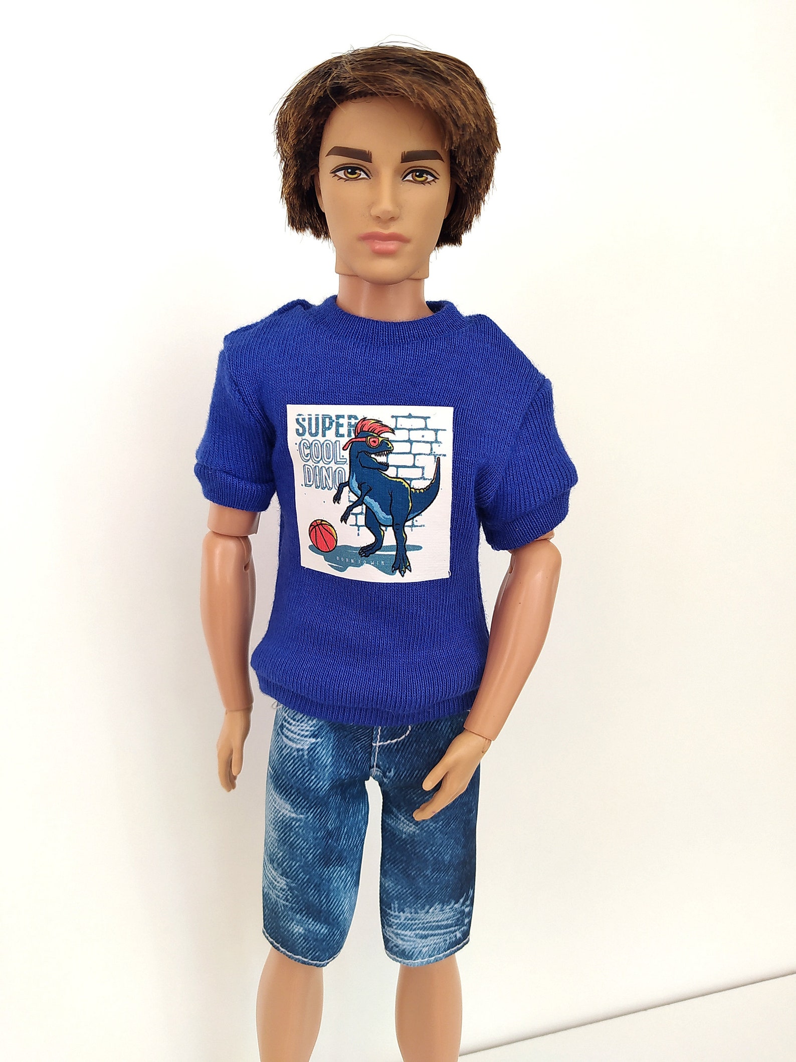 Ken clothes/Indigo blue tshirt with printed sticker for Etsy