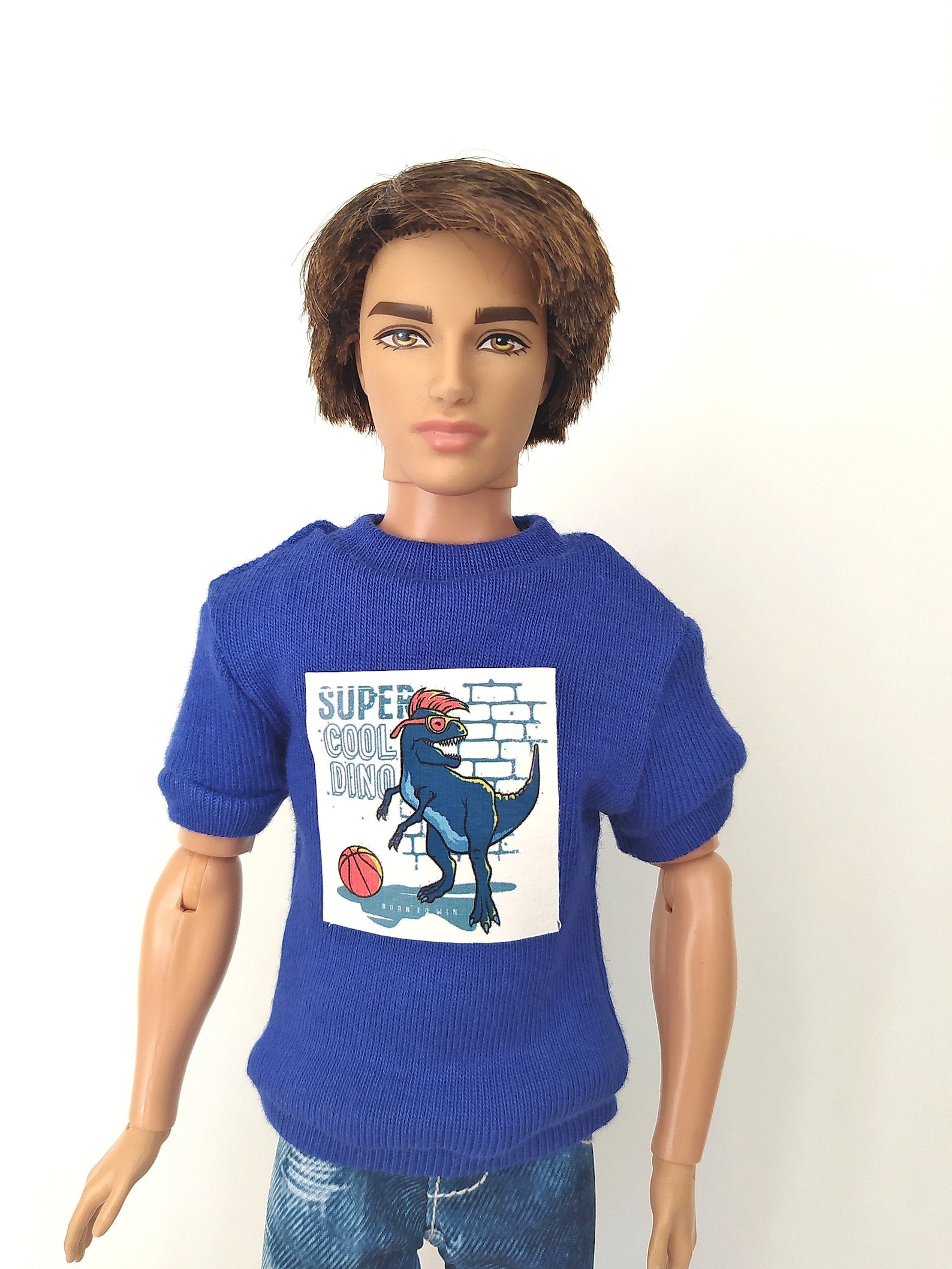Ken clothes/Indigo blue tshirt with printed sticker for Etsy