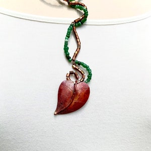 Simply Stated Copper Leaf and Green Beaded “Vine” Sculptural Necklace Inspired by Nature