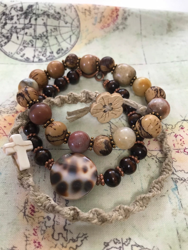 Boho Style Three Stacked Bracelets and Wood and Shell with Toggle Stretchy Wooden and Natural Stone Beads Macrame and Cross