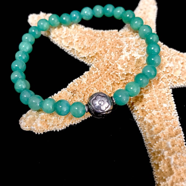 Simply Stated Sterling Silver Embossed FlowerBead Adorns this lovely Aqua Quartzite Dainty Bracelet to stack or wear solo! A perfect gift!
