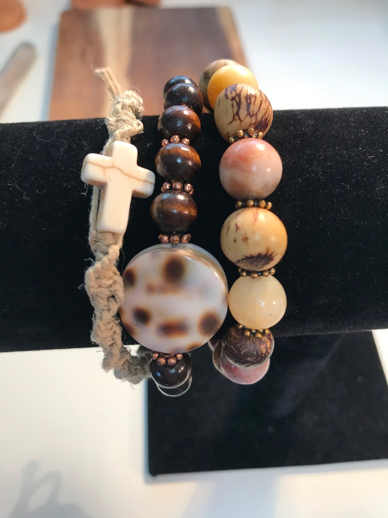Boho Style Three Stacked Bracelets and Wood and Shell with Toggle Stretchy Wooden and Natural Stone Beads Macrame and Cross