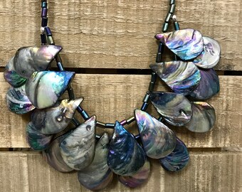 Elegant Iridescent Double Strand Teardrop Shell and Metallic Hematite Bib Necklace, Adjustable Blue-Green Lustrous Shell Choker