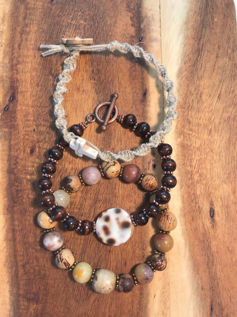 Boho Style Three Stacked Bracelets and Wood and Shell with Toggle Stretchy Wooden and Natural Stone Beads Macrame and Cross