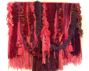 XL Handwoven Wall Hanging: Coral, Plum, and Papaya Fiber Art