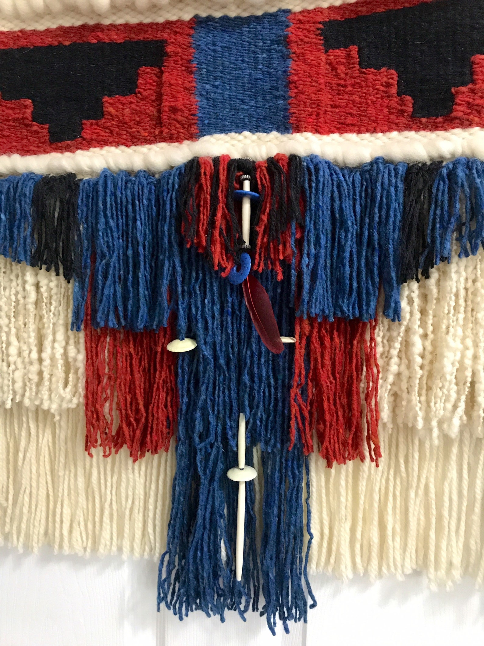 Native American Style Geometric Weaving With Feathers and Beads, Navaho