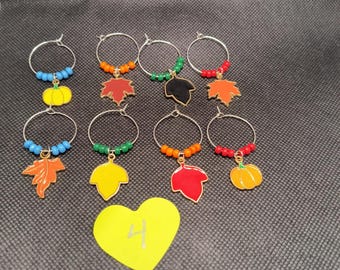 Set of 8 Fall Wine Charms | Autumn Leaf Pumpkin Glass Markers