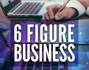 May include: A laptop computer with a keyboard and a person's hand holding a pen over a notebook with the text "6 FIGURE BUSINESS" in large white letters on a purple and blue background with a geometric pattern.