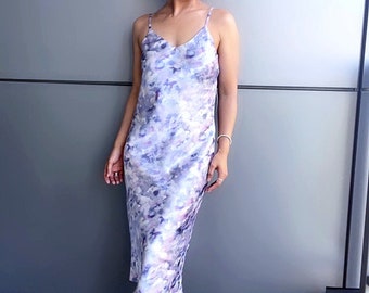Flora Satin Slip Dress | Sky Blue Print Satin Dress | Bias Cut Dress