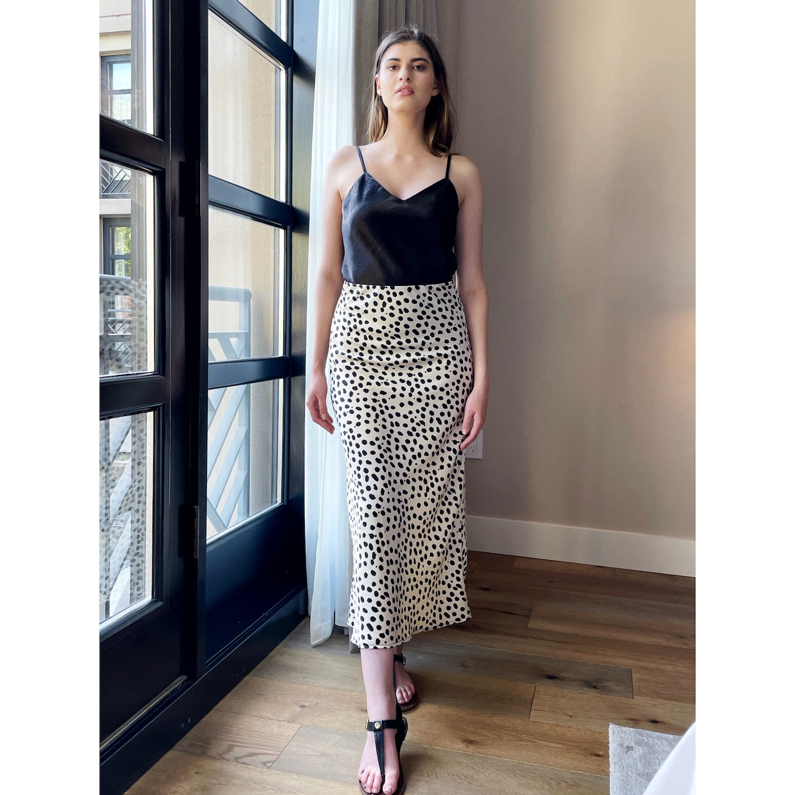 Maxi Satin Slip Skirt Ivory & Black Leopard Print Bias Cut Slim Fit ...