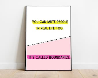Puede incluir: Un póster rosa y blanco con texto negro que dice "Puedes silenciar a la gente en la vida real también. Se llama límites."