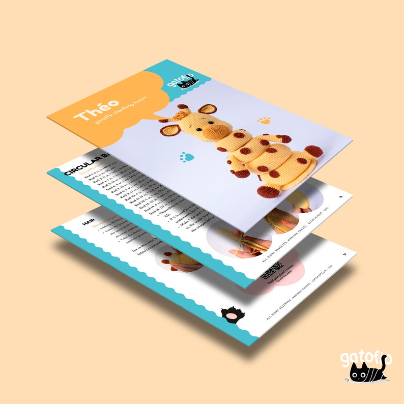 May include: A crochet pattern for a giraffe stacking toy named Theo. The pattern includes instructions for making the giraffe's body, head, and legs. The pattern is written in English and includes a QR code for accessing the pattern online.