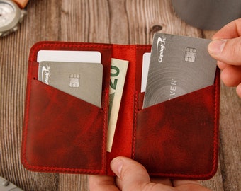 Leather Minimalist  Wallet Personalized Card Holder Ultra Slim Wallet Men's Wallet Women's Wallet, Red