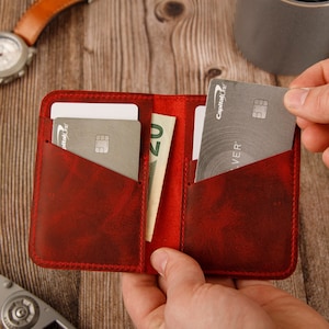Leather Minimalist Wallet Personalized Card Holder Ultra Slim Wallet Men's Wallet Women's Wallet, Red image 1