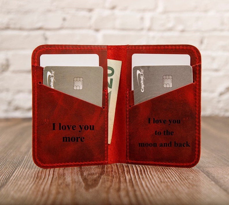 Leather Minimalist Wallet Personalized Card Holder Ultra Slim Wallet Men's Wallet Women's Wallet, Red image 3