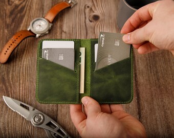Leather Minimalist  Wallet Personalized Card Holder Ultra Slim Wallet Men's Wallet Women's Wallet, Green