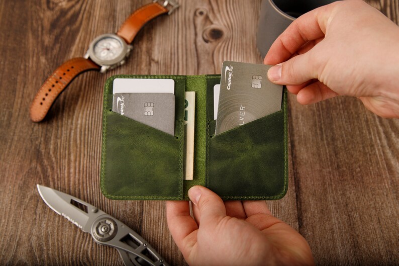 Leather Minimalist Wallet Personalized Card Holder Ultra Slim Wallet Men's Wallet Women's Wallet, Green Green