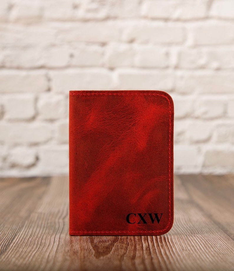 Leather Minimalist Wallet Personalized Card Holder Ultra Slim Wallet Men's Wallet Women's Wallet, Red image 7