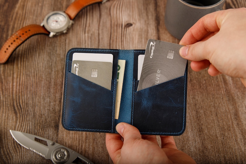 Minimalist Wallet Personalized Card Holder Ultra Slim Wallet Men's Wallet Women's Wallet, Green Navy Blue