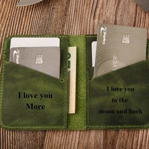 Leather Minimalist Wallet Personalized Card Holder Ultra Slim Wallet Men's Wallet Women's Wallet, Green image 3