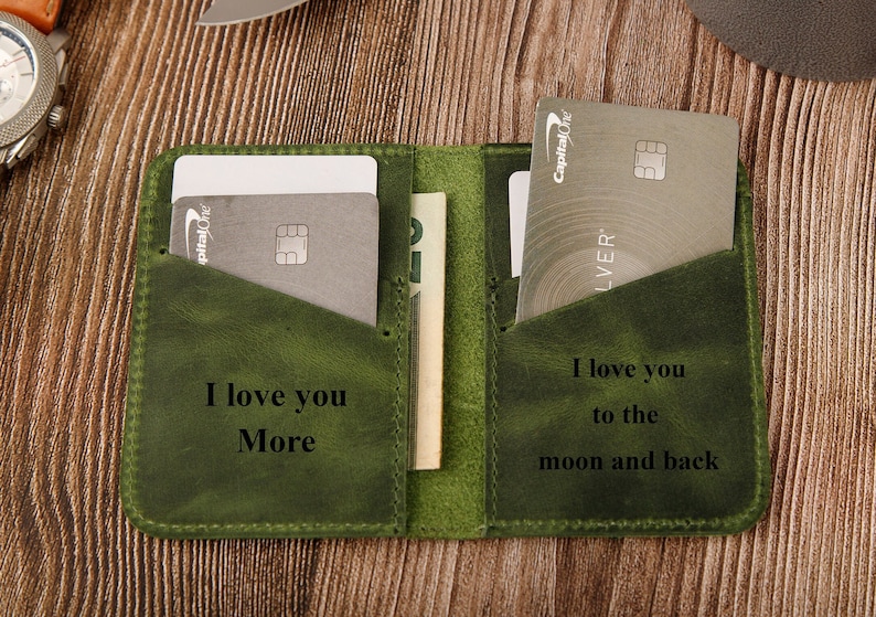 Leather Minimalist Wallet Personalized Card Holder Ultra Slim Wallet Men's Wallet Women's Wallet, Green image 3
