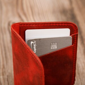 Leather Minimalist Wallet Personalized Card Holder Ultra Slim Wallet Men's Wallet Women's Wallet, Red image 5