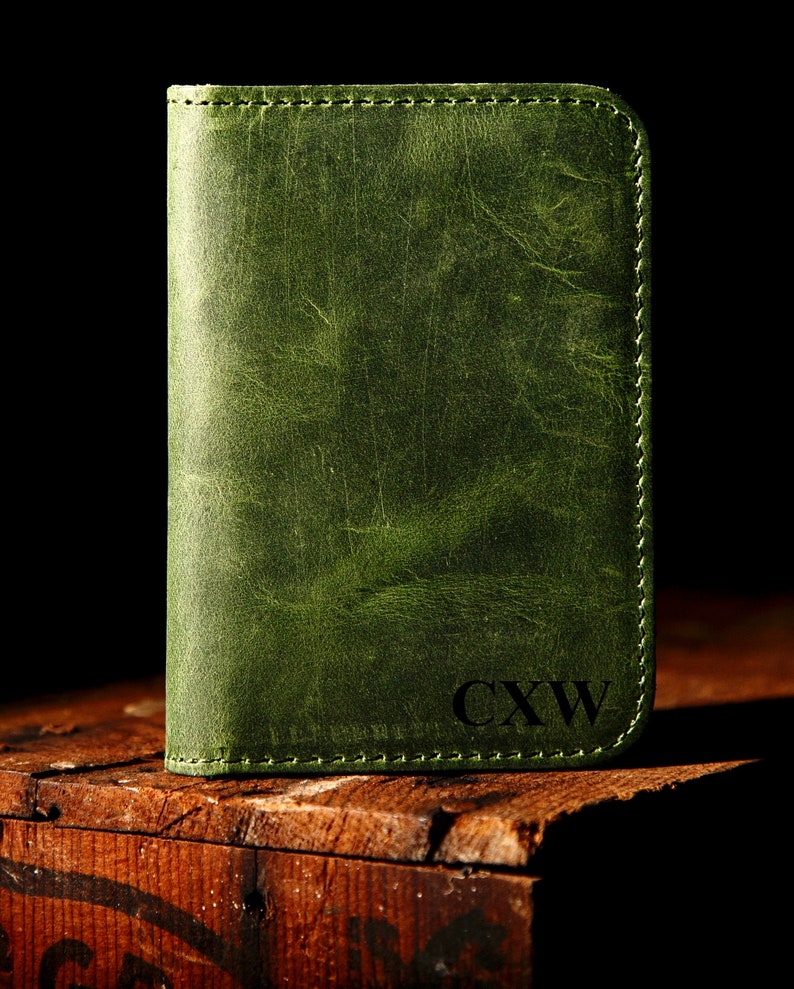 Leather Minimalist Wallet Personalized Card Holder Ultra Slim Wallet Men's Wallet Women's Wallet, Green image 4