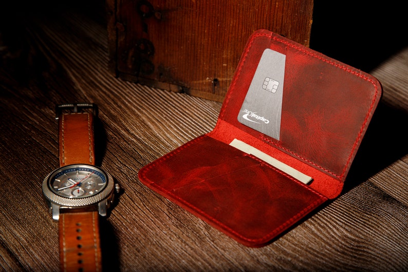 Leather Minimalist Wallet Personalized Card Holder Ultra Slim Wallet Men's Wallet Women's Wallet, Red image 2