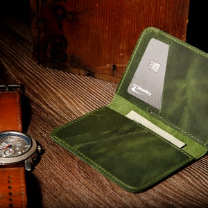 Leather Minimalist Wallet Personalized Card Holder Ultra Slim Wallet Men's Wallet Women's Wallet, Green image 2
