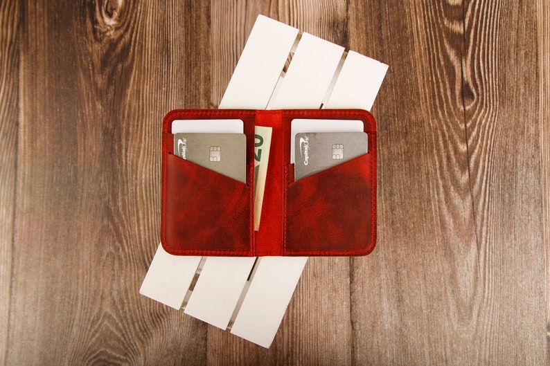 Leather Minimalist Wallet Personalized Card Holder Ultra Slim Wallet Men's Wallet Women's Wallet, Red image 6